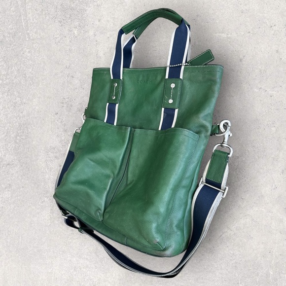 COACH Heritage Web F70558 Green Leather Foldover Tote Messenger Men’s Bag - Picture 3 of 11